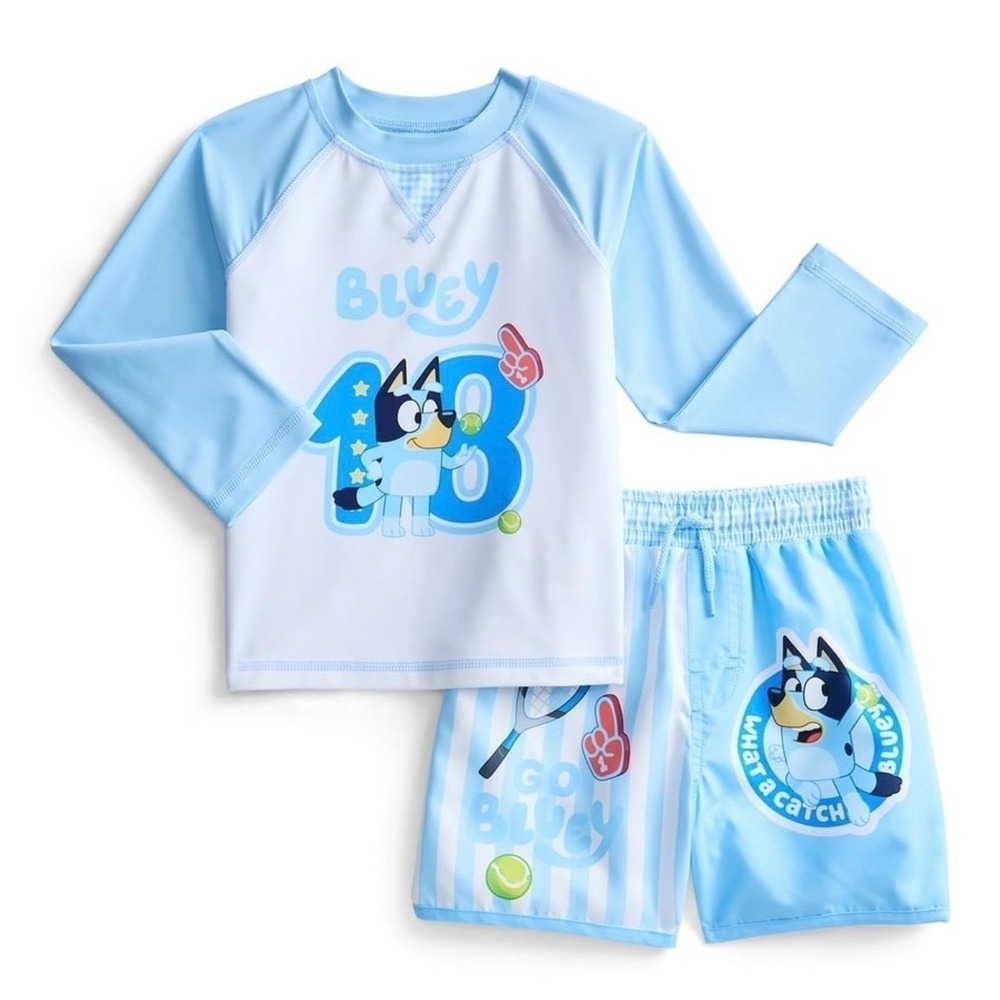 Bluey Toddler Boy Long Sleeve Rash Guard and Trunk Swim Set 2 Piece Blue 5T
